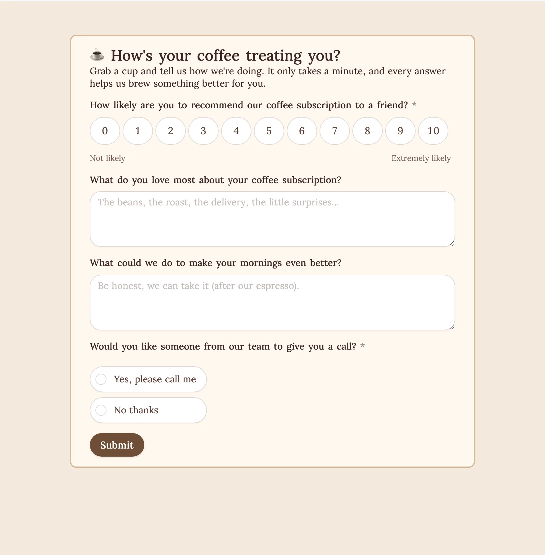 Customer feedback form built by Fillout AI