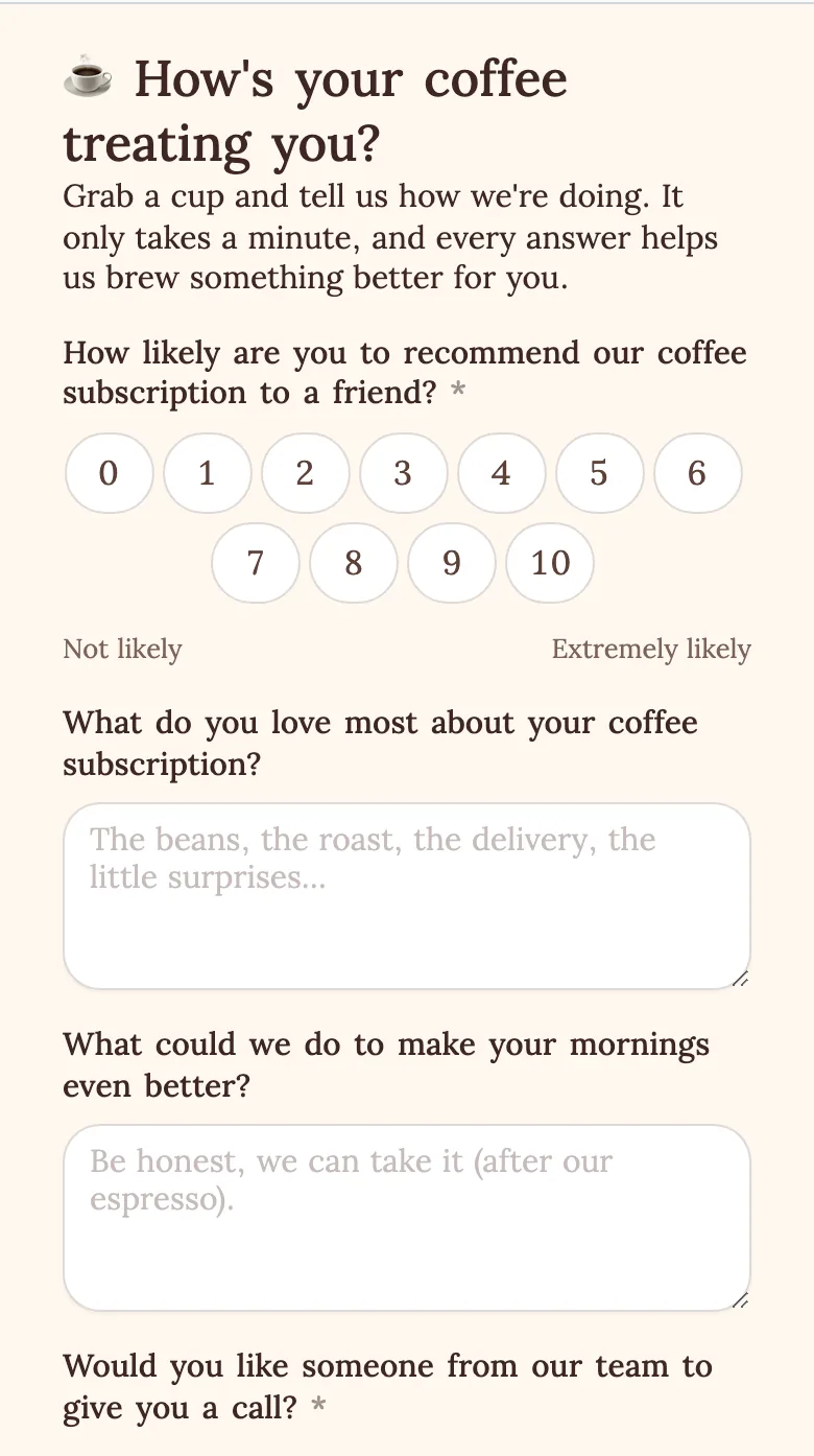 Customer feedback form built by Fillout AI