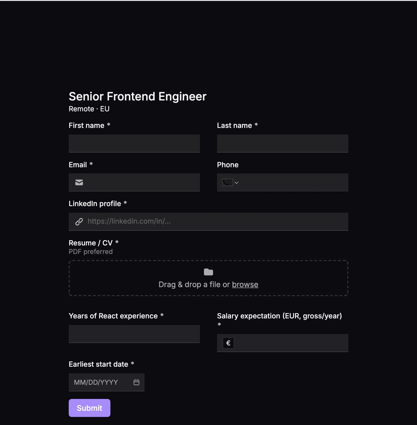 Job application form built by Fillout AI