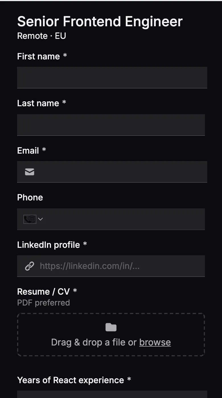 Job application form built by Fillout AI