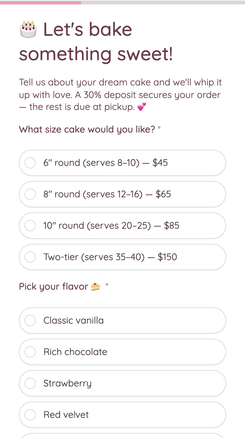 Cake order form built by Fillout AI