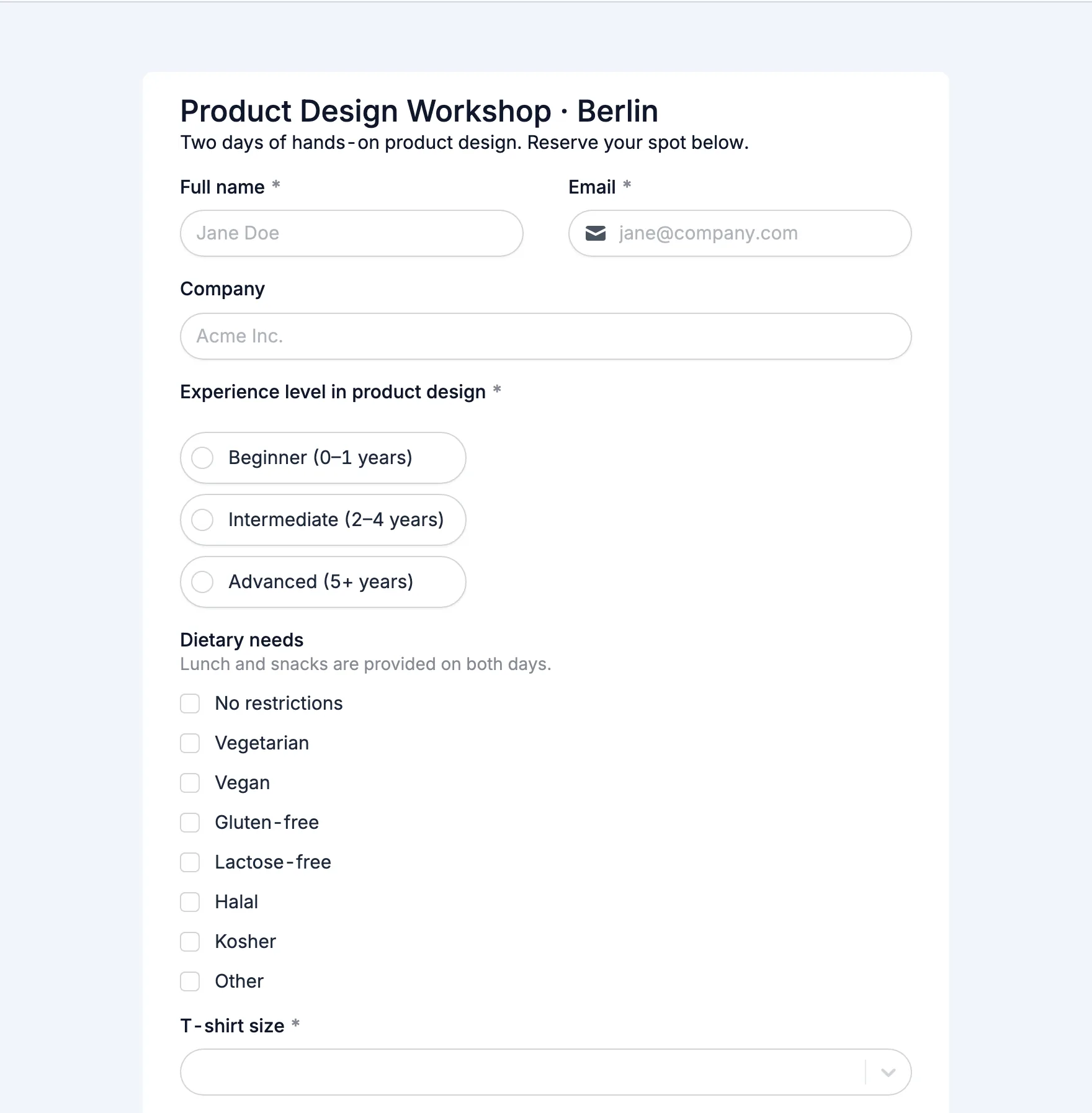 Event registration form built by Fillout AI