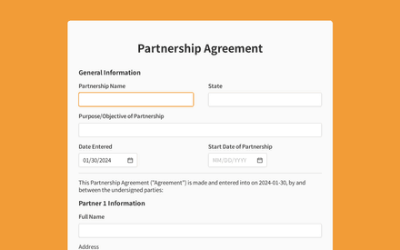 Partnership Agreement Form Template template image